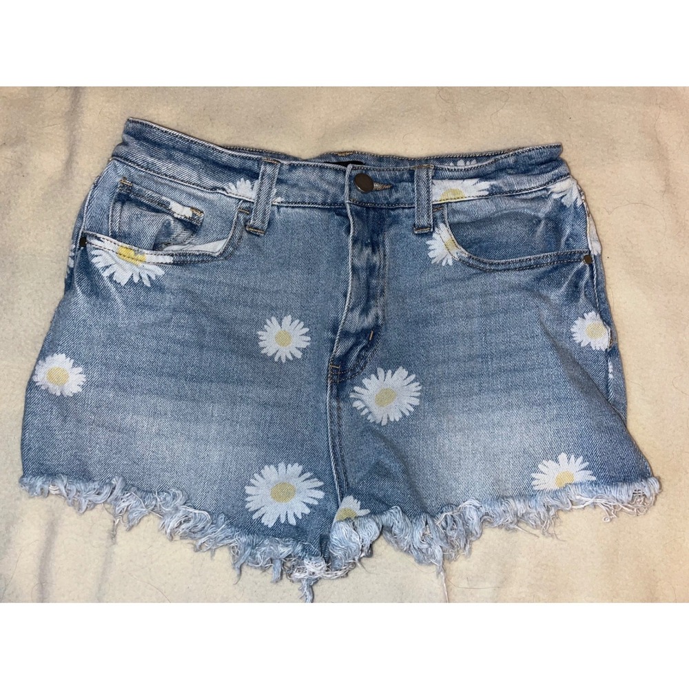 Material Girl Daisy Print Denim Shorts Light Wash Frayed Hem Floral Size 9